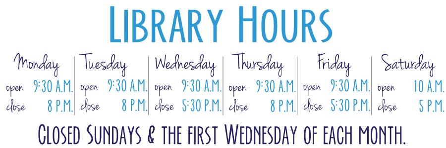 E.G. Fisher Public Library Hours: Monday, Tuesday, Thursday, open 9:30 a.m., close 8:00 p.m. Wednesday, and Friday open 9:30 a.m., close 8:00 p.m. Saturday open 10:00 a.m., close 5:00 p.m. Closed the first Wednesday of every month. 