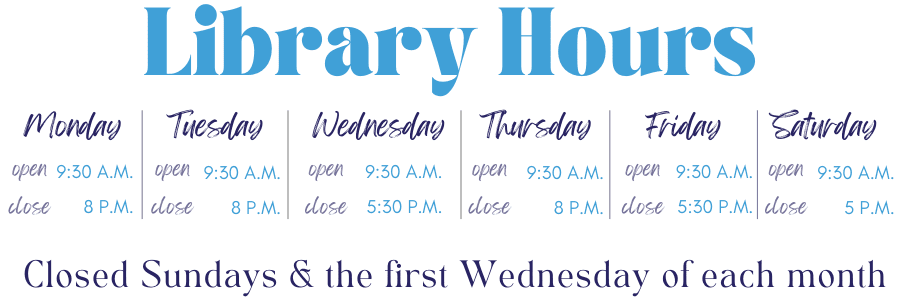 E.G. Fisher Public Library Hours: Monday, Tuesday, Thursday, open 9:30 a.m., close 8:00 p.m. Wednesday, and Friday open 9:30 a.m., close 8:00 p.m. Saturday open 10:00 a.m., close 5:00 p.m. Closed the first Wednesday of every month. 